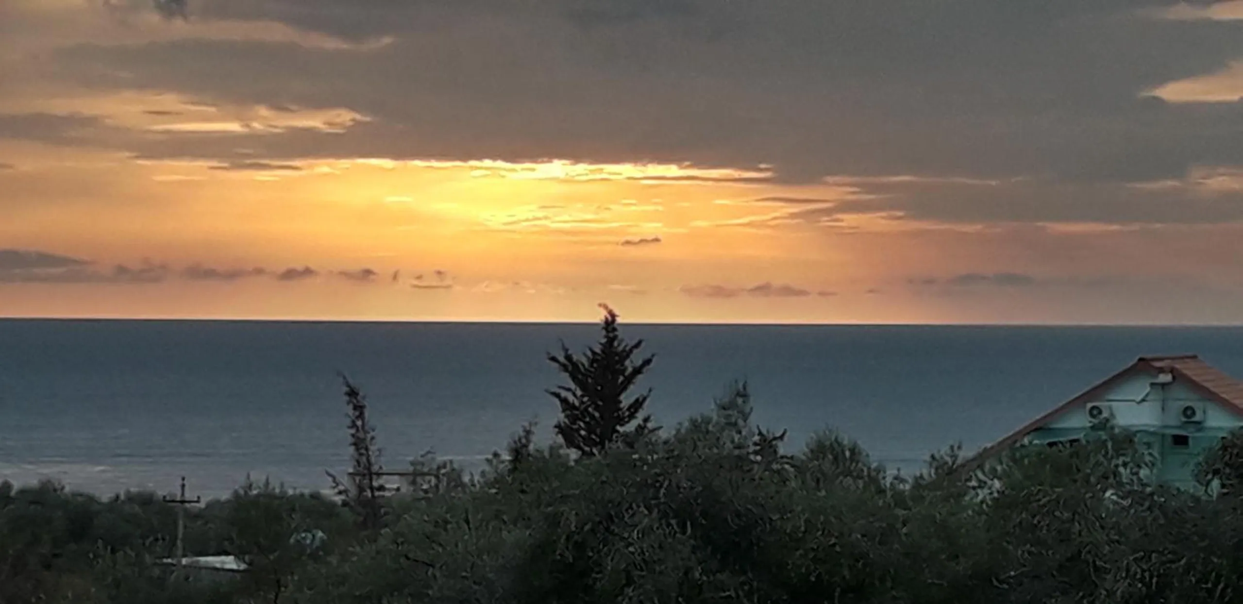 The sun low over the sea, seen over olive trees and rooftops from the garden