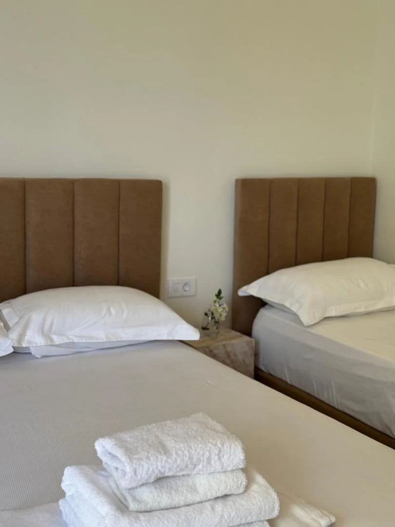 Two single beds with tall upholstered headboards and white linen, towels folded at the foot
