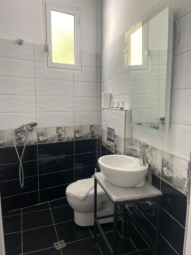 A shower room with black and white tiles, a bowl basin and a frosted window