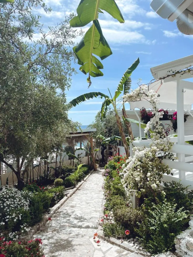 A stone path through the garden between flowering shrubs and banana leaves, white bungalows on either side