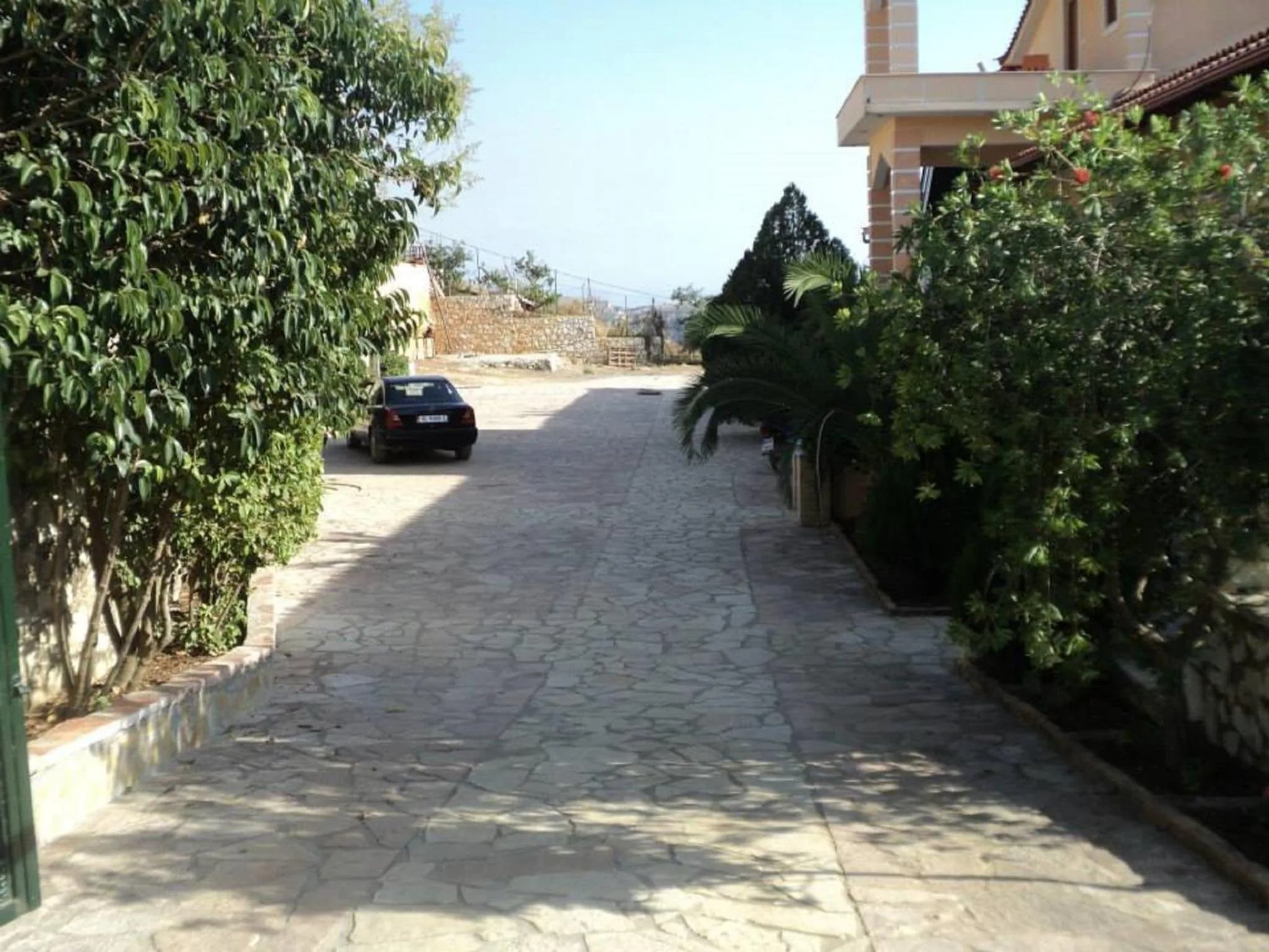 A paved lane between green hedges leading up to the hotel building