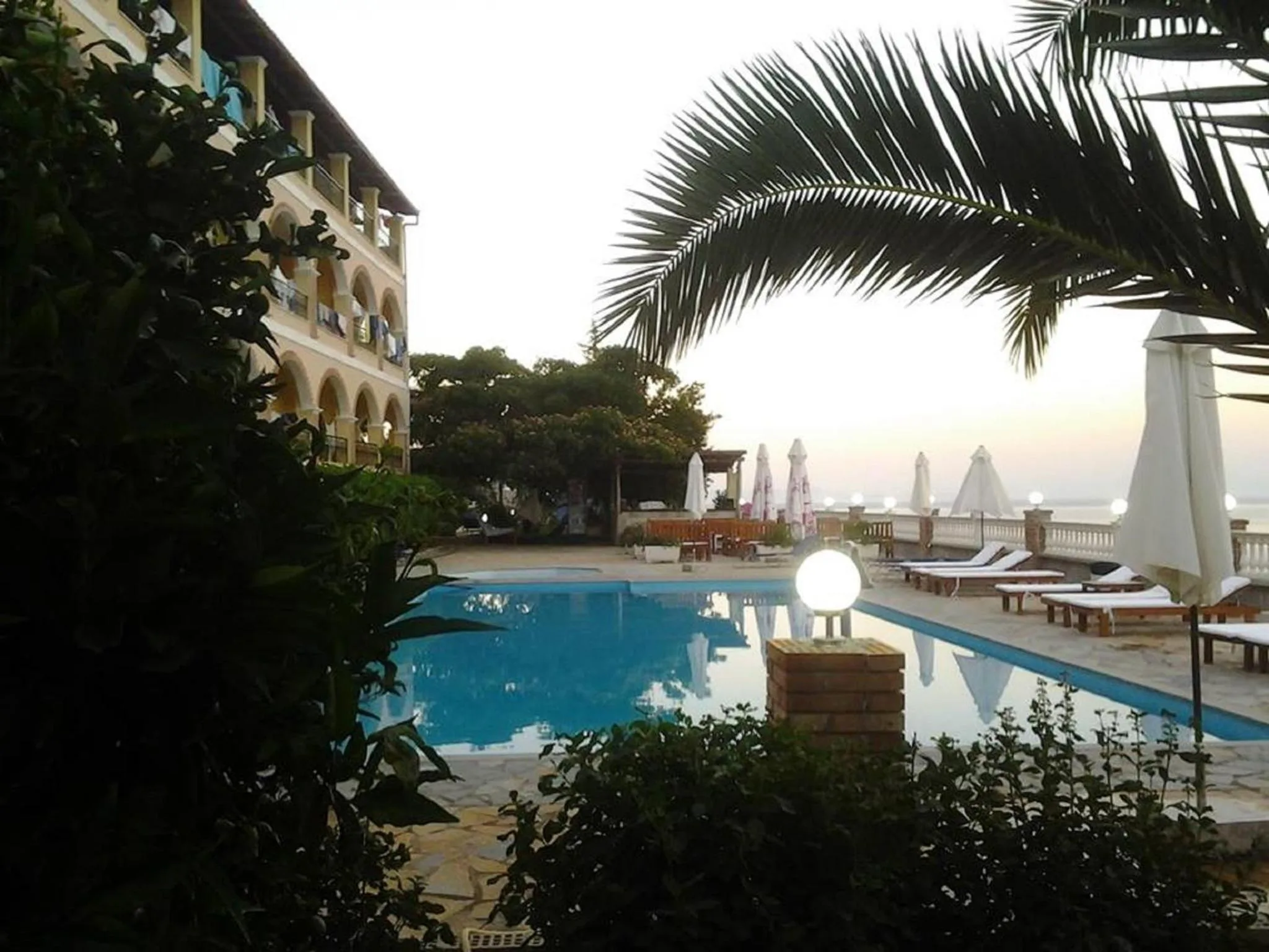 The pool in the late light, framed by a palm and a lamp post