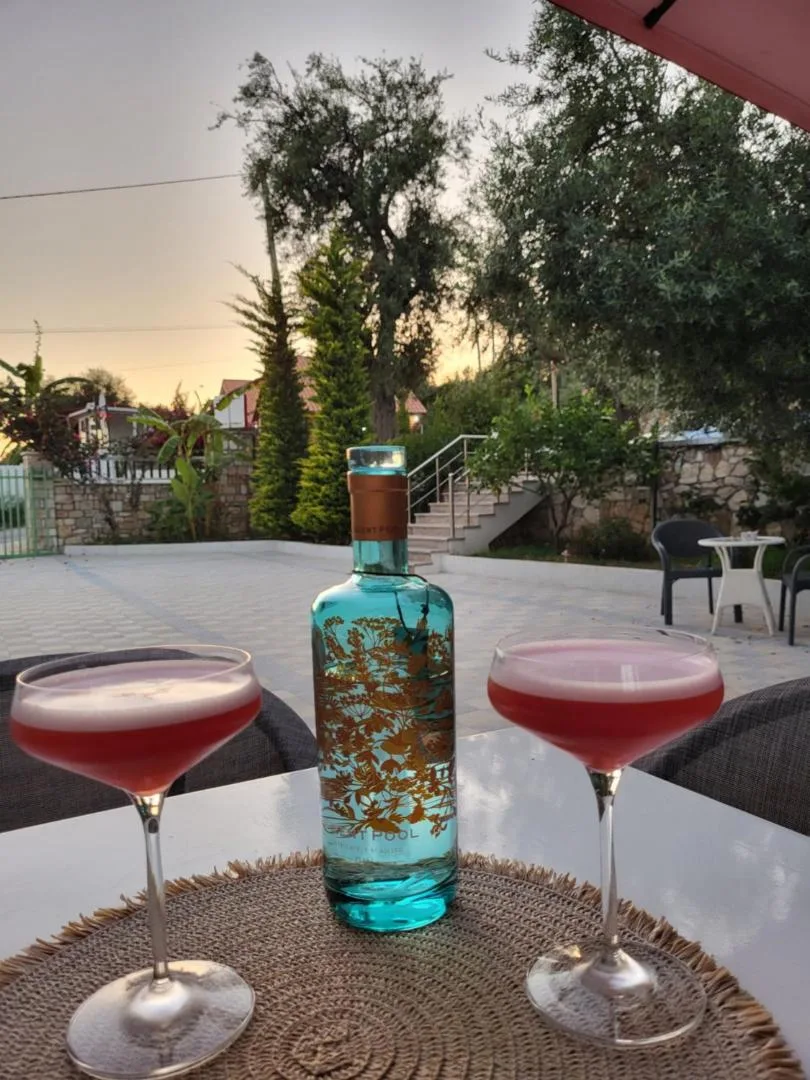 Two pink cocktails in coupe glasses and a decorative bottle on a table on the courtyard terrace at dusk, with cypresses and the stone steps behind