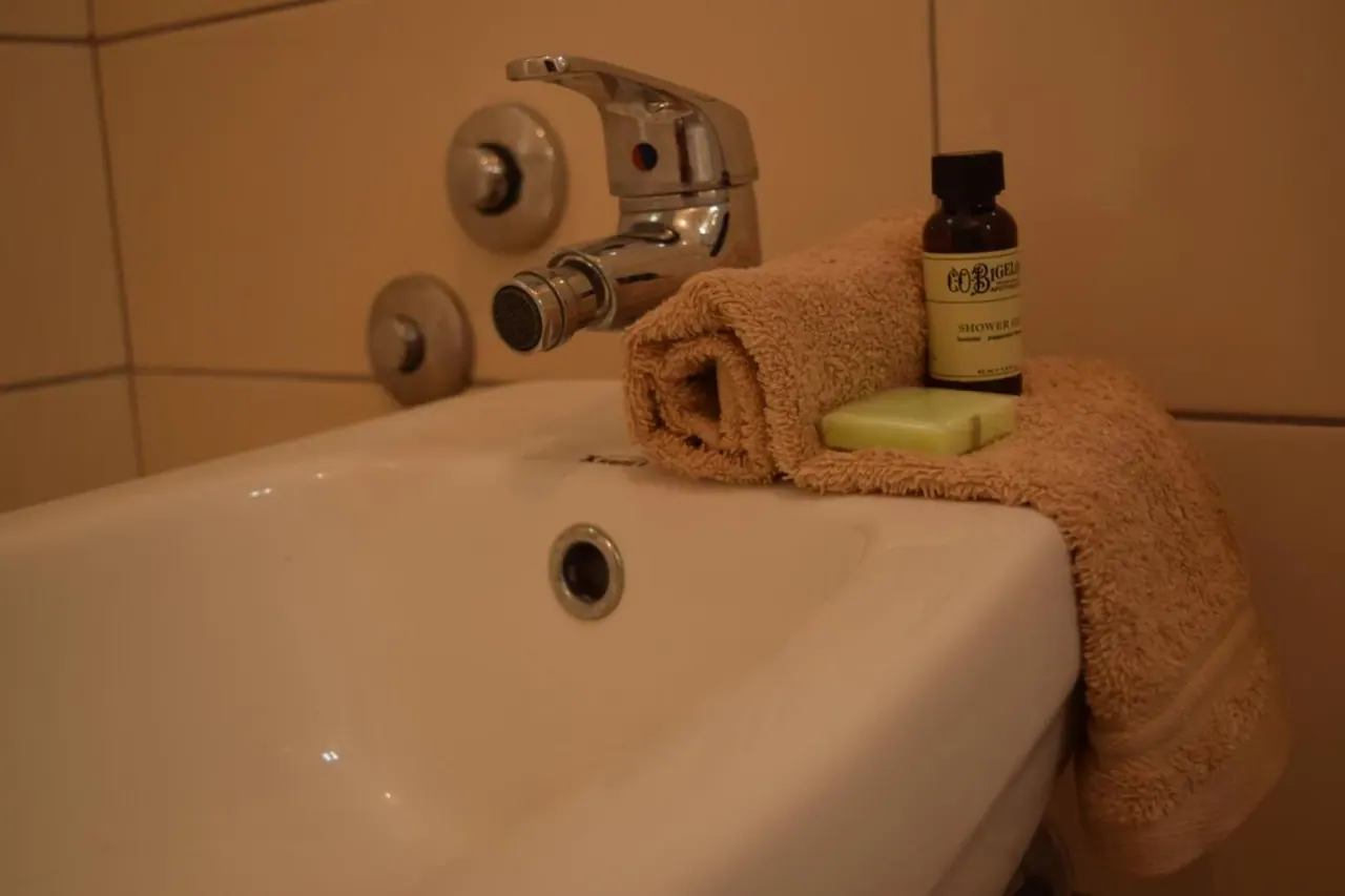 A basin with a folded towel over the edge, a bar of soap and a small bottle of toiletries