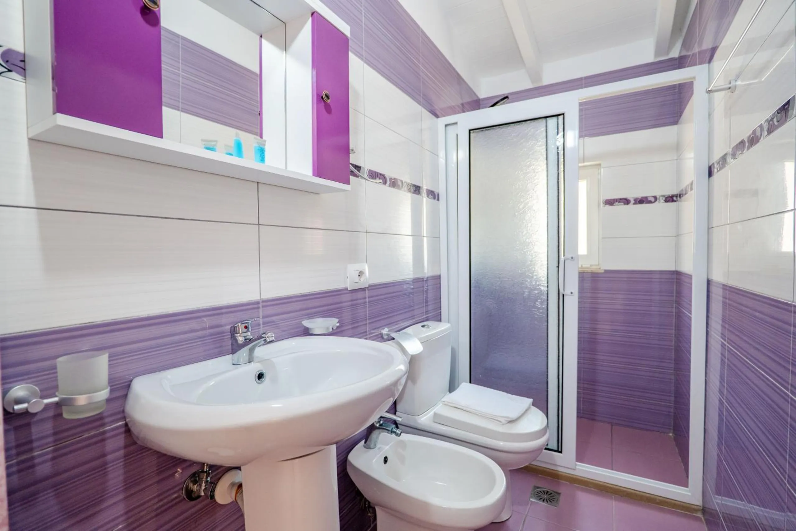 A bathroom tiled in lilac and white with purple cabinets, a pedestal basin, a bidet, a toilet and a shower cubicle