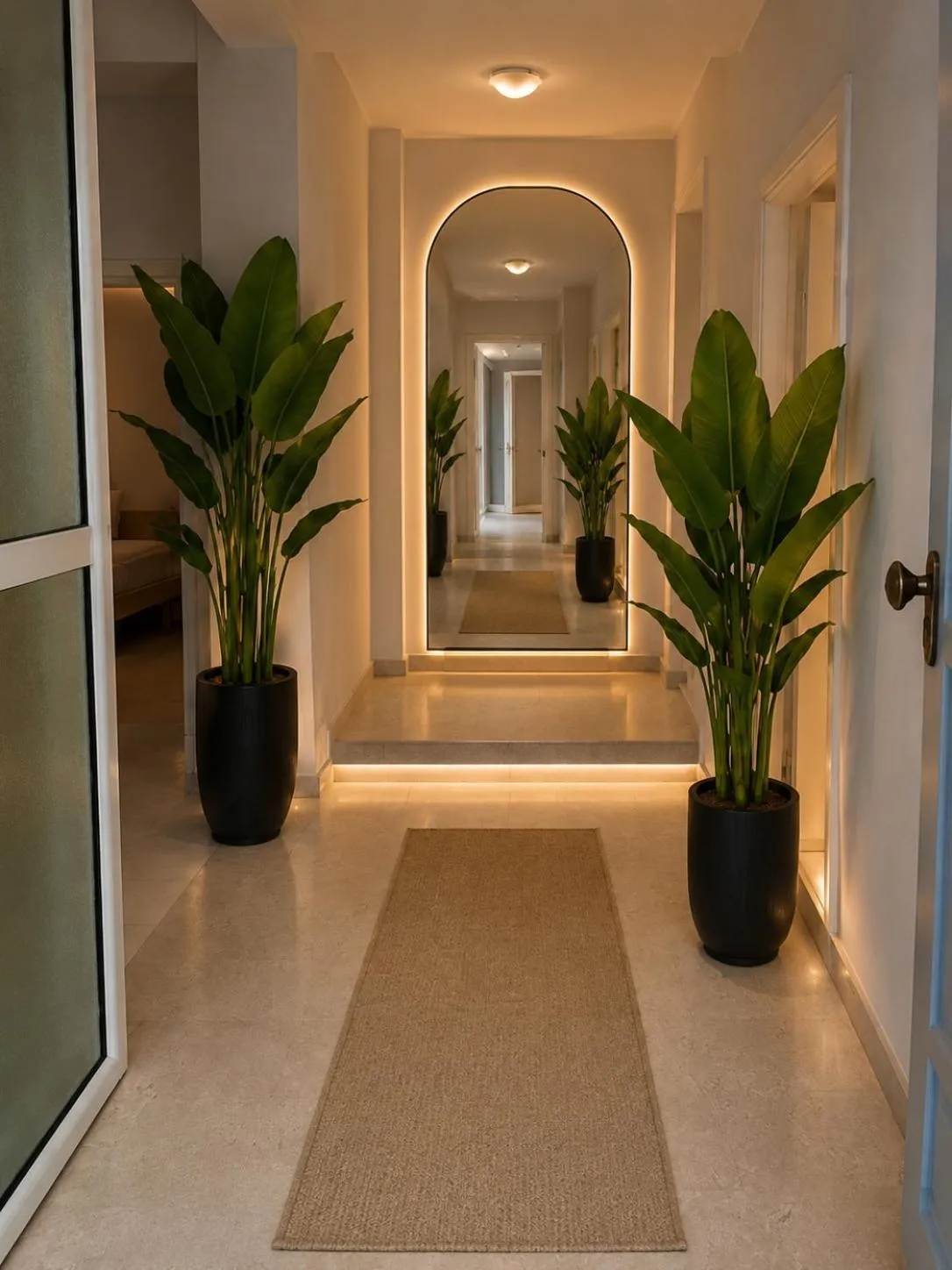 A bright corridor with a pale stone floor, a runner rug and two tall potted plants either side of the doorway