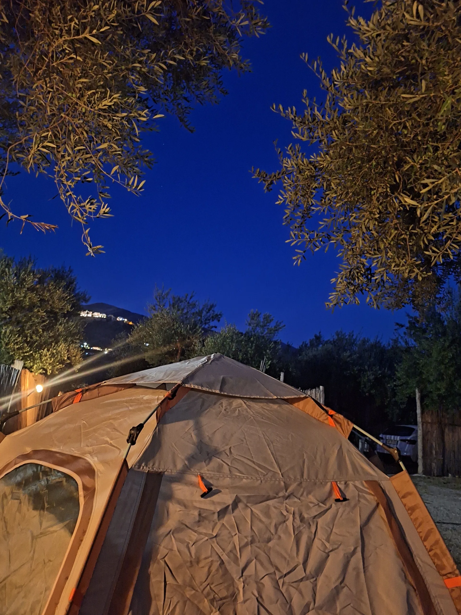A dome tent under olive branches at blue hour, the hillside above Himarë lit up in the distance