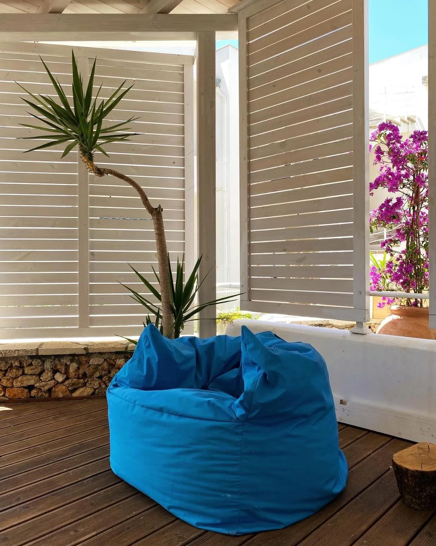 White louvred screens on a terrace, a bright blue beanbag, a potted palm and pink bougainvillea