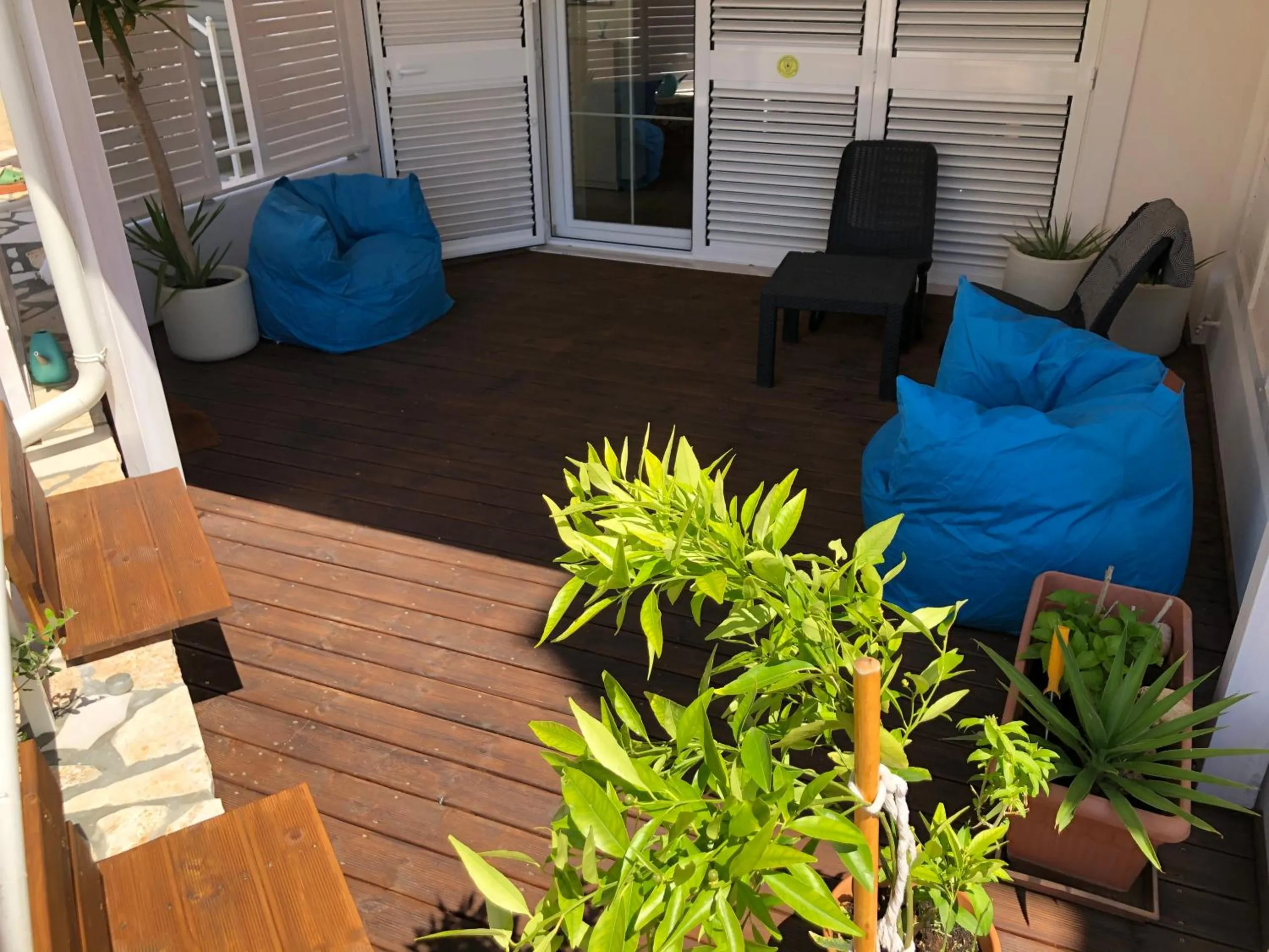 A timber deck with bright blue beanbags, a dark chair and potted plants in front of white louvred doors