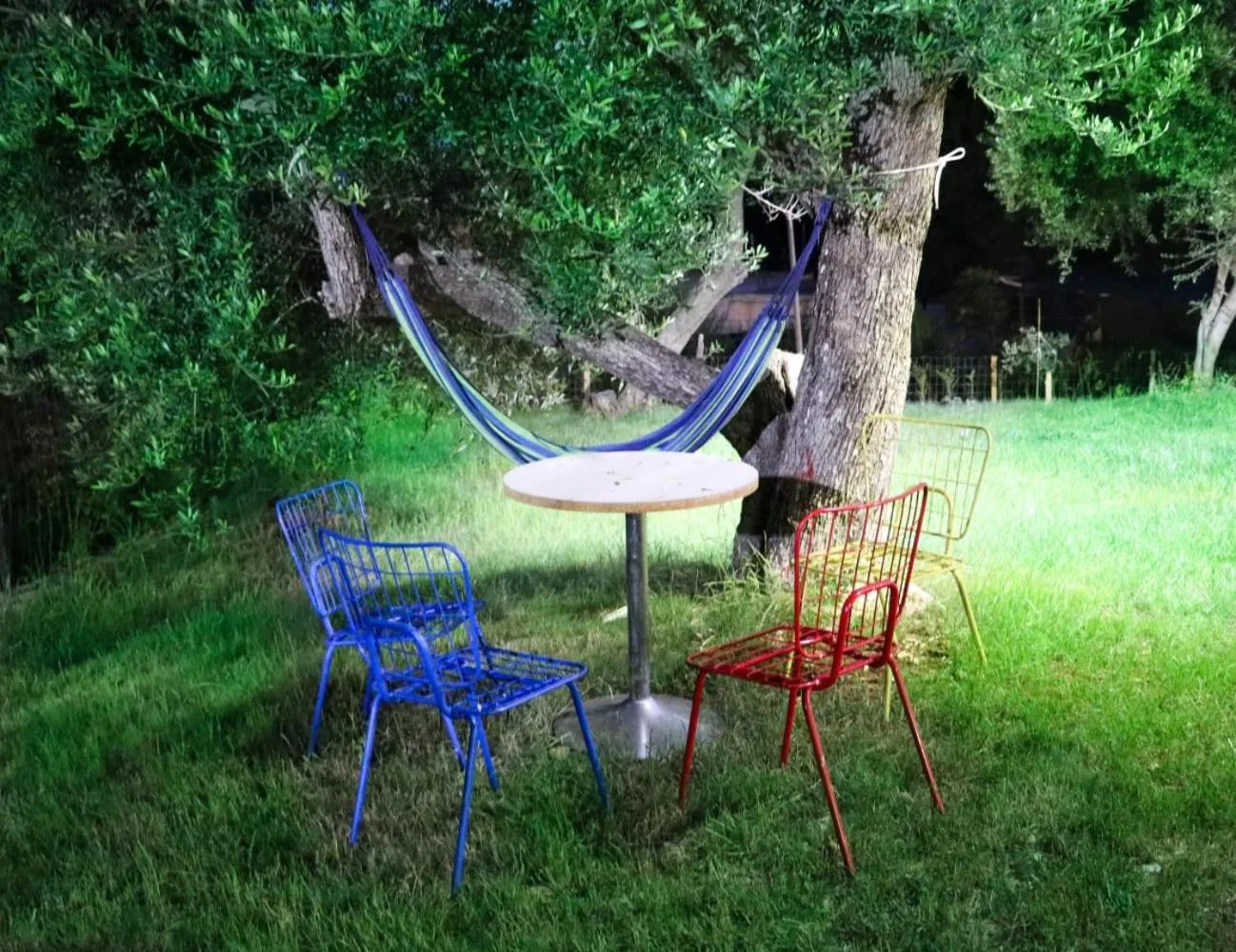 A striped hammock slung between olive trunks over the lawn, with a round table and blue, red and yellow wire chairs