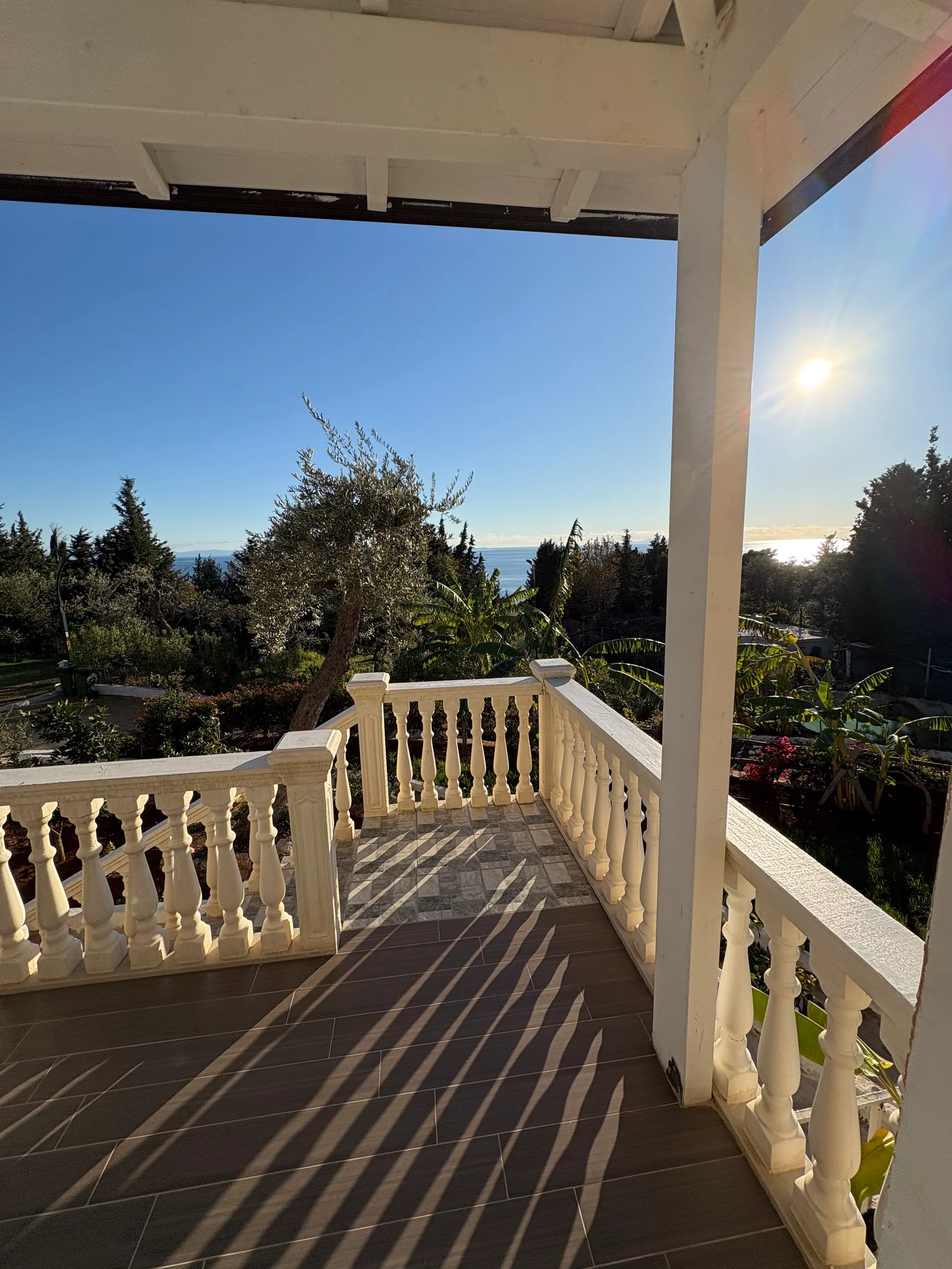 A covered porch in the morning: a white turned-baluster rail, its shadows striped across the tiled floor, an olive tree and banana leaves, and the sea on the horizon