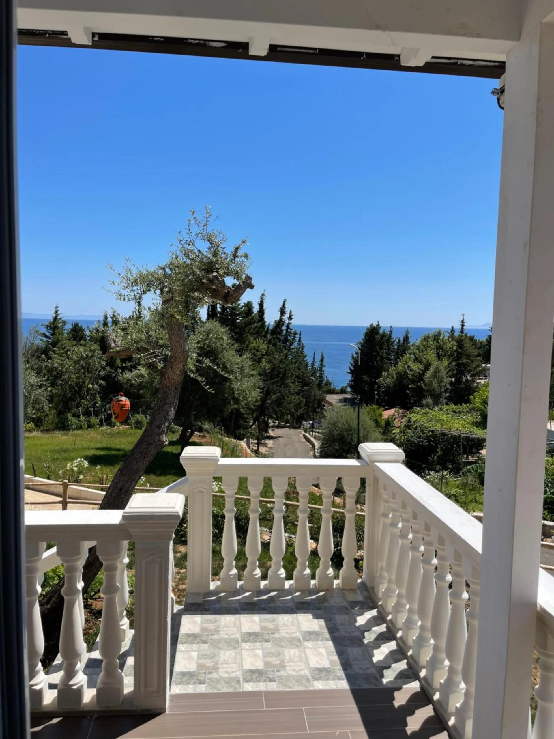 The view from a porch doorway over a white balustrade to an olive tree, cypresses and a deep blue sea under a clear sky