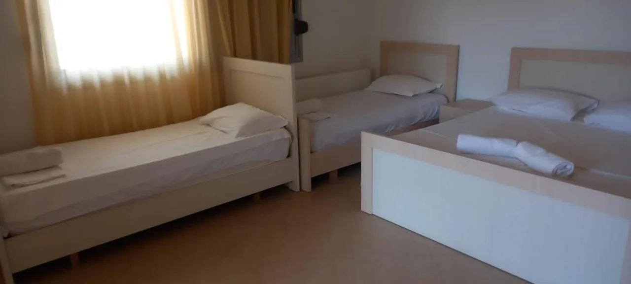 Sofa beds in the living room of the ground-floor apartment under a curtained window