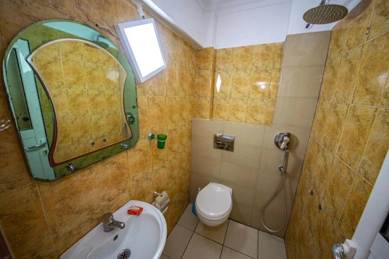 A studio shower room with marbled tiles, a basin and a decorative mirror