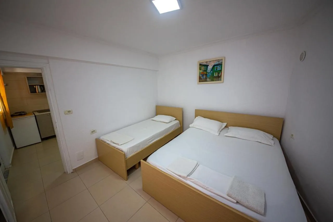 A studio with a double bed and a single bed, the kitchenette visible through the doorway