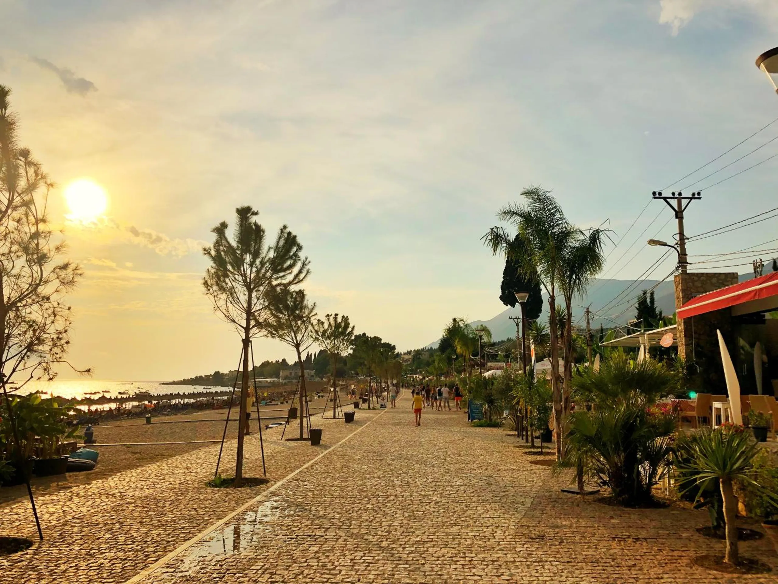 The promenade at sundown, the sun low over the sea and young trees along the paving