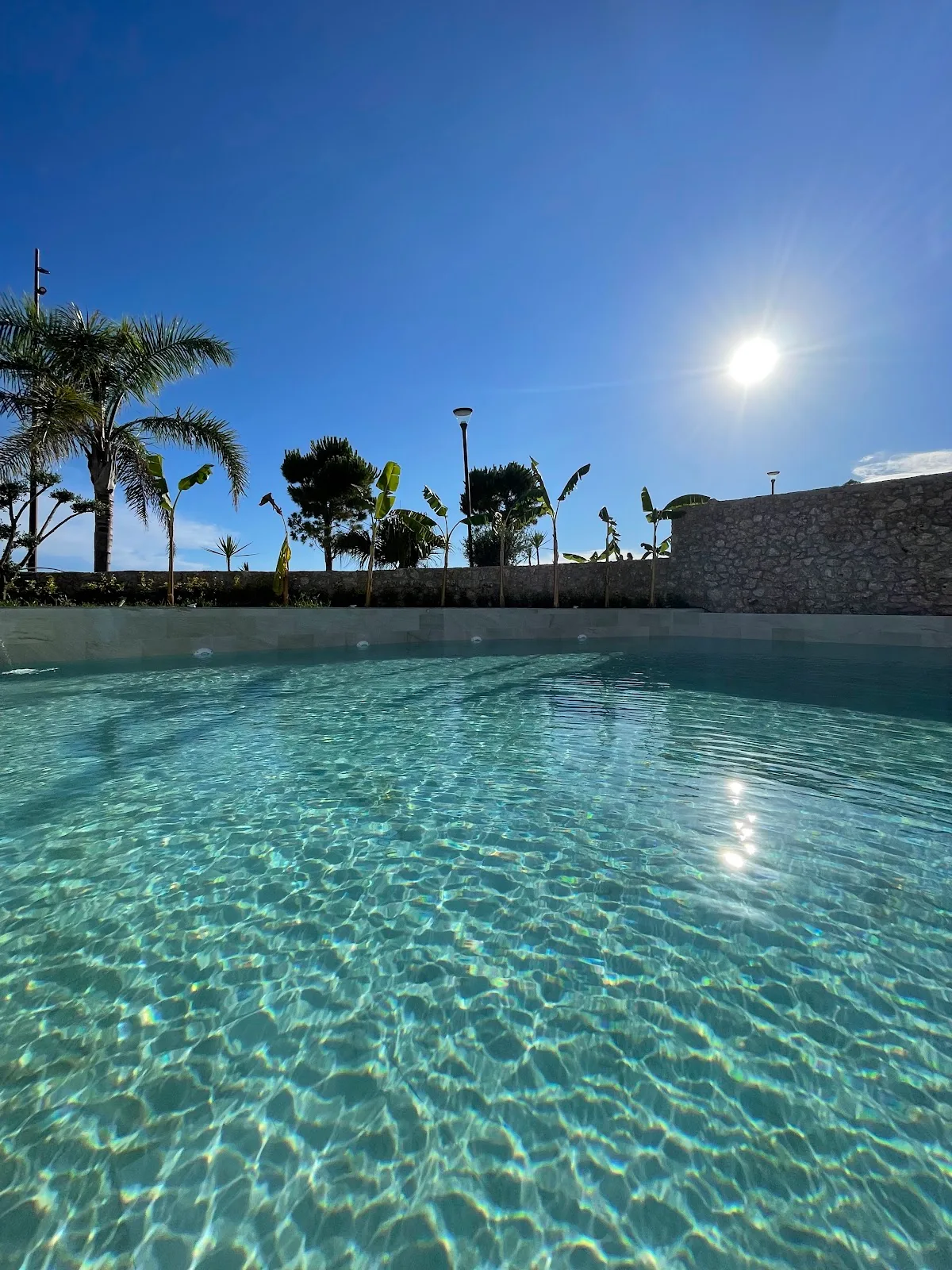 Clear pool water at midday, with palms and a dressed-stone wall along the far edge