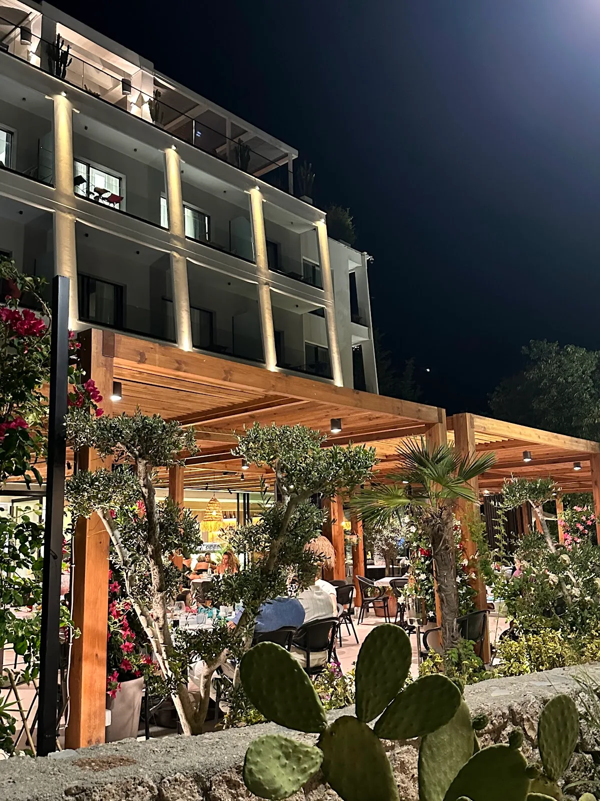Diners under the timber pergola of the ground-floor terrace at night, with olive trees and the lit facade above