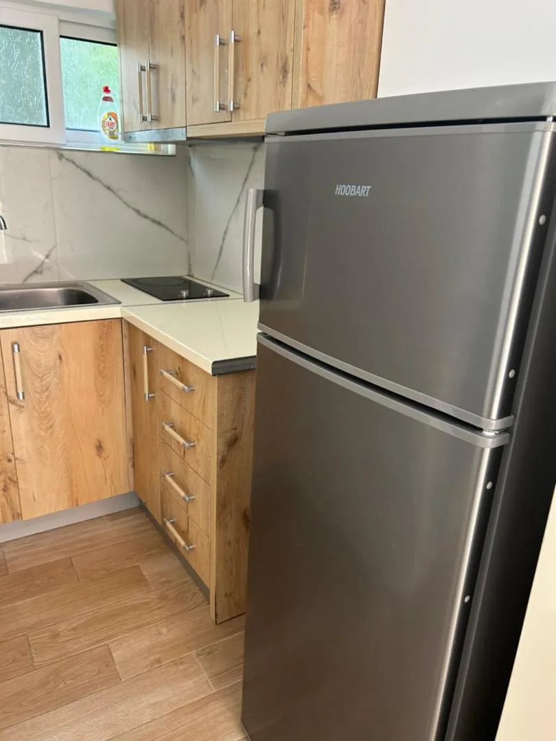 A small fitted kitchen in oak-effect units with a marble-effect splashback, a two-ring hob, a sink and a tall steel fridge