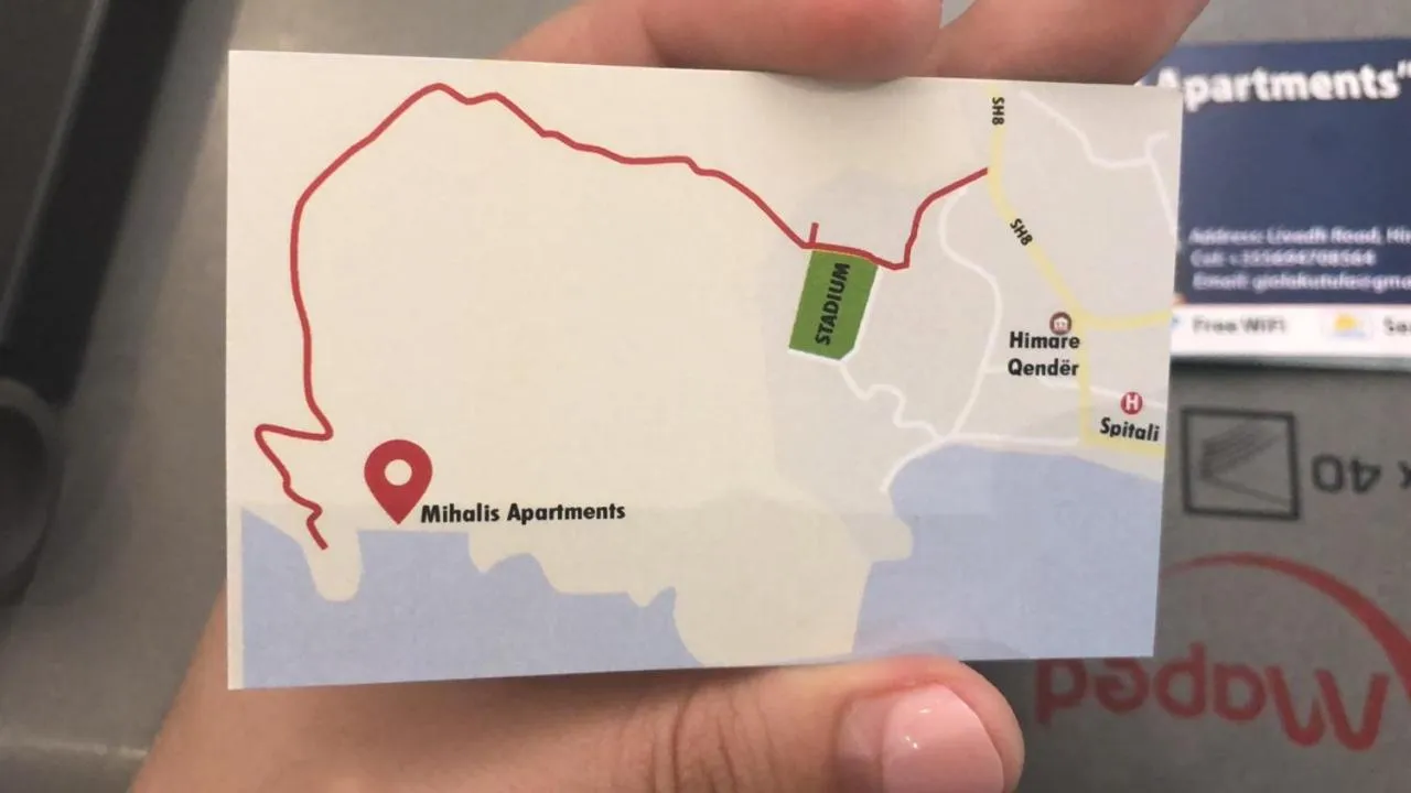A hand holding the Mihalis Apartments business card: a printed map with a red route from Himarë centre on the SH8 to a pin marked Mihalis Apartments