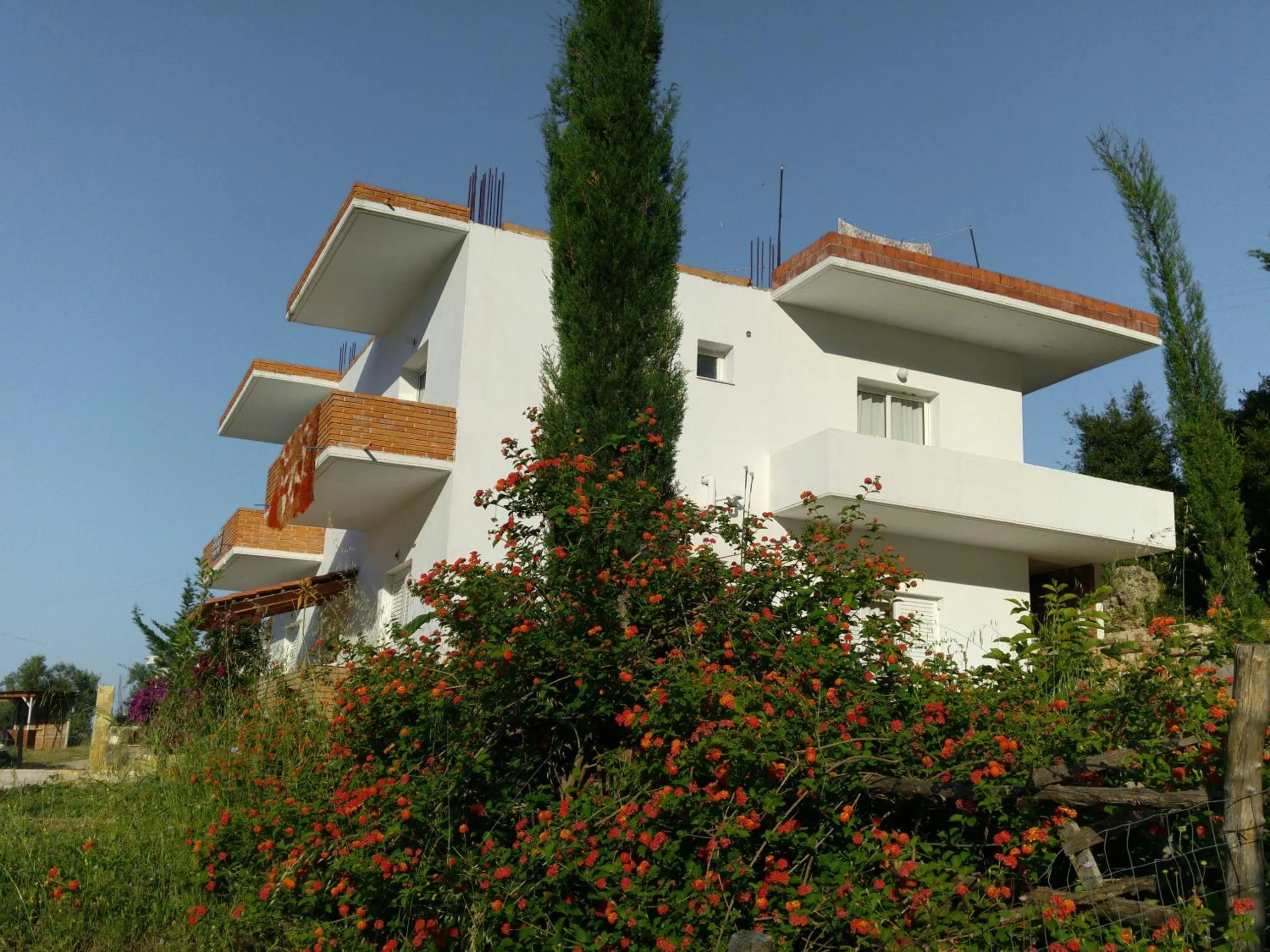The corner of the white house with its stacked balconies, a tall cypress and red lantana in front, under a clear sky