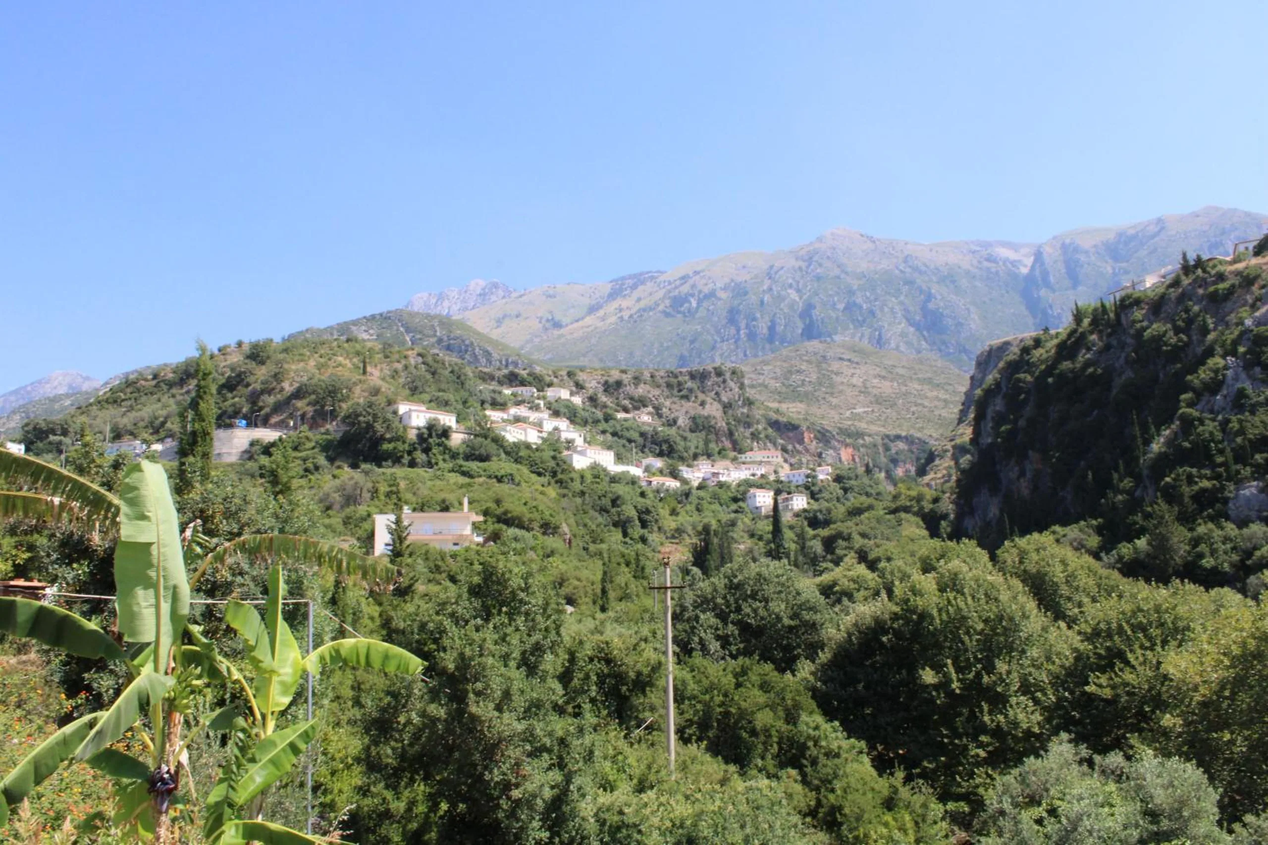Wooded hills with white houses on the slopes and grey mountains in the distance, a banana leaf in the foreground