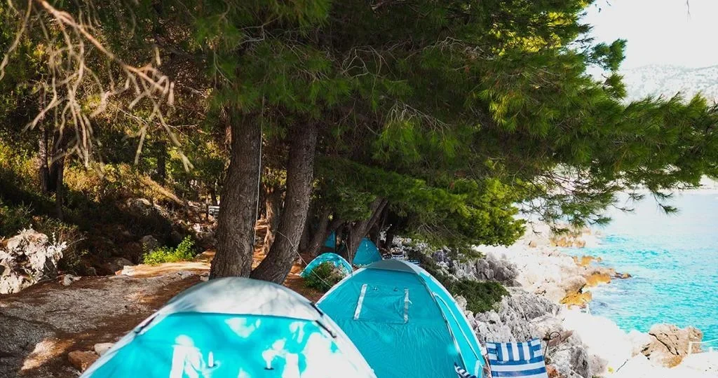 Turquoise dome tents pitched under pines beside white limestone rocks and clear sea
