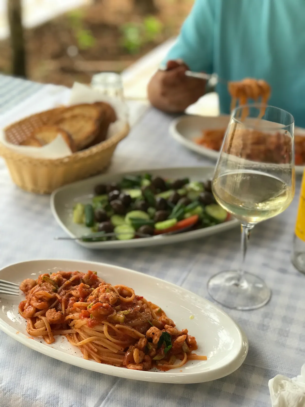 Linguine with shrimp and tomato on an oval plate, a salad of cucumber, spring onion and black olives, toasted bread and a glass of white wine on a gingham cloth