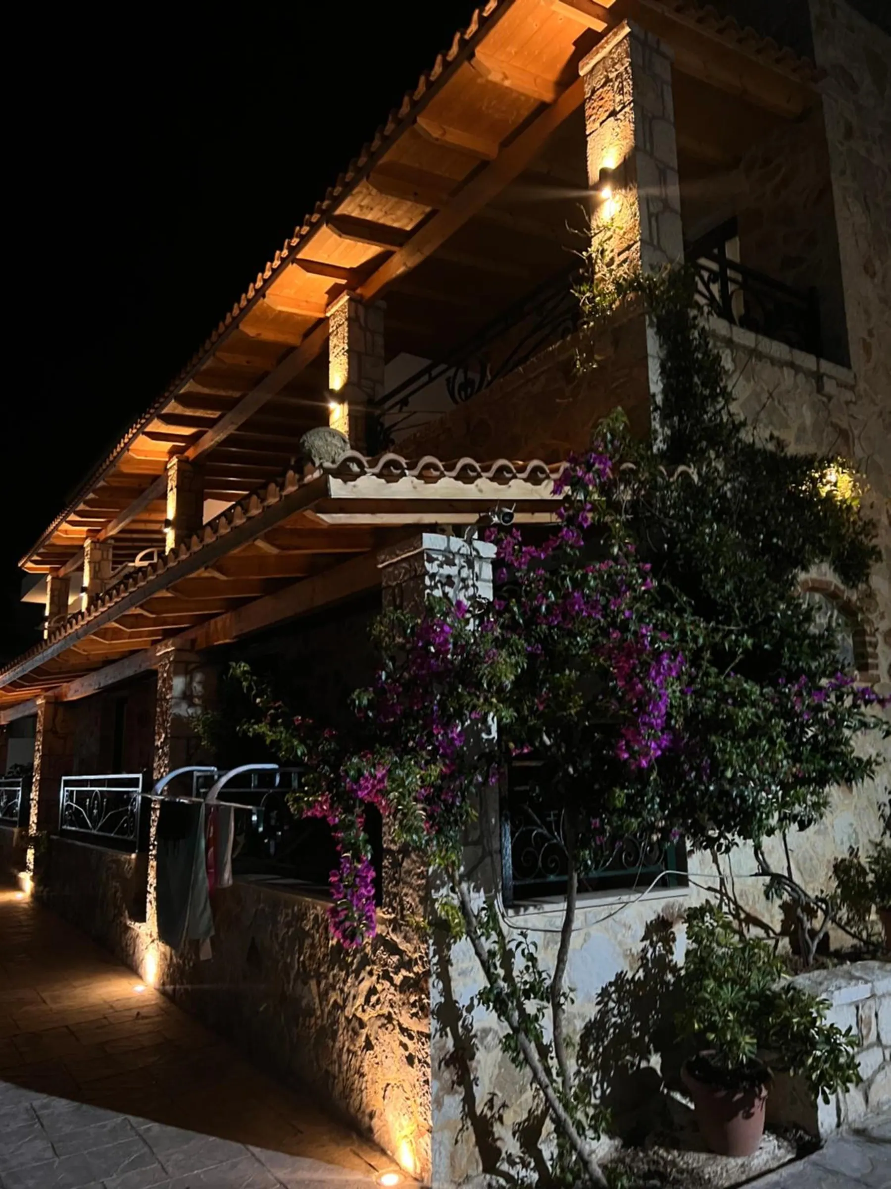 The gallery at night, uplit stone pillars and a bougainvillea in flower over the balconies