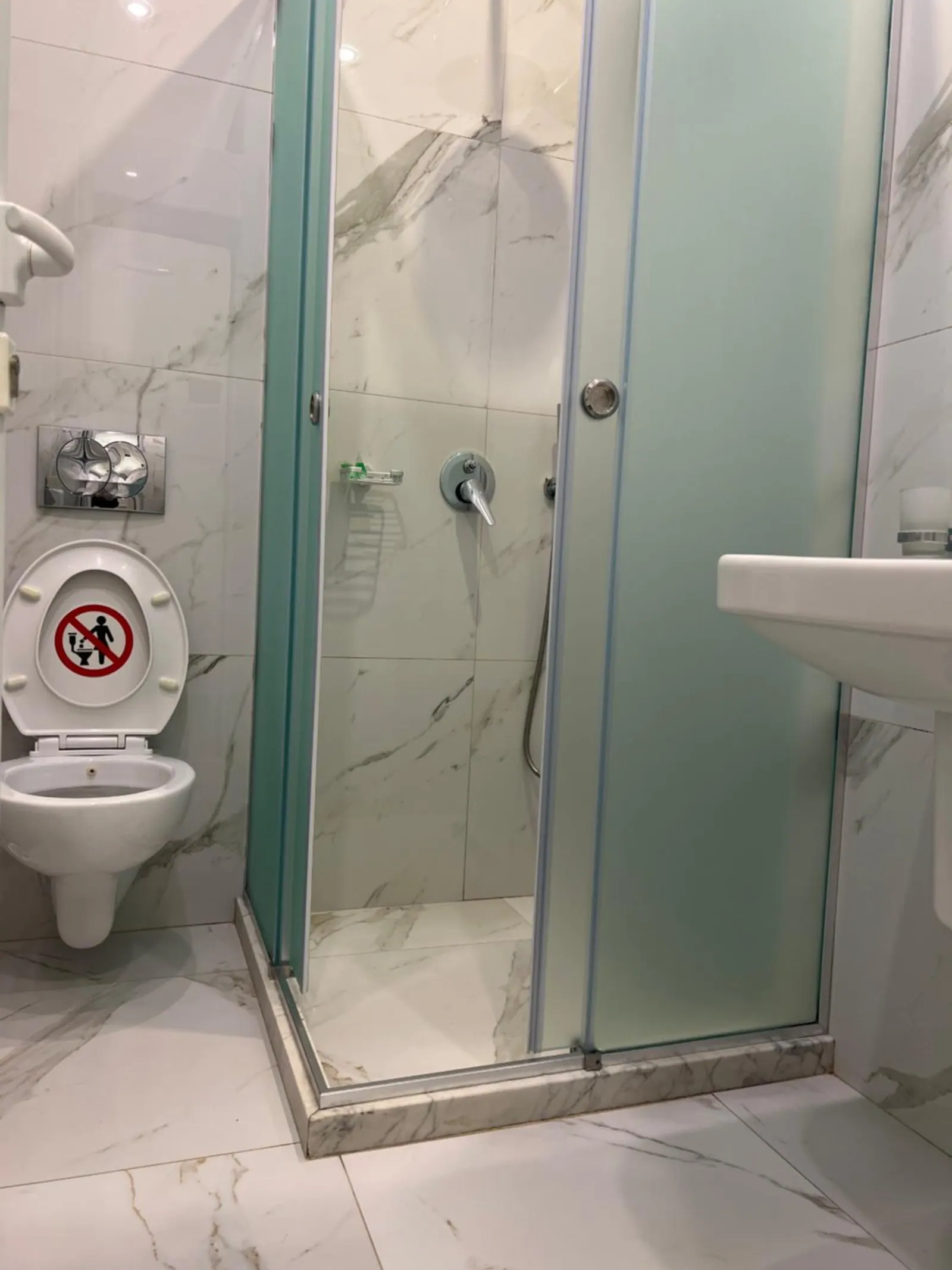The shower room: a glass shower cubicle, a basin and a wall-hung toilet on marble-effect tile