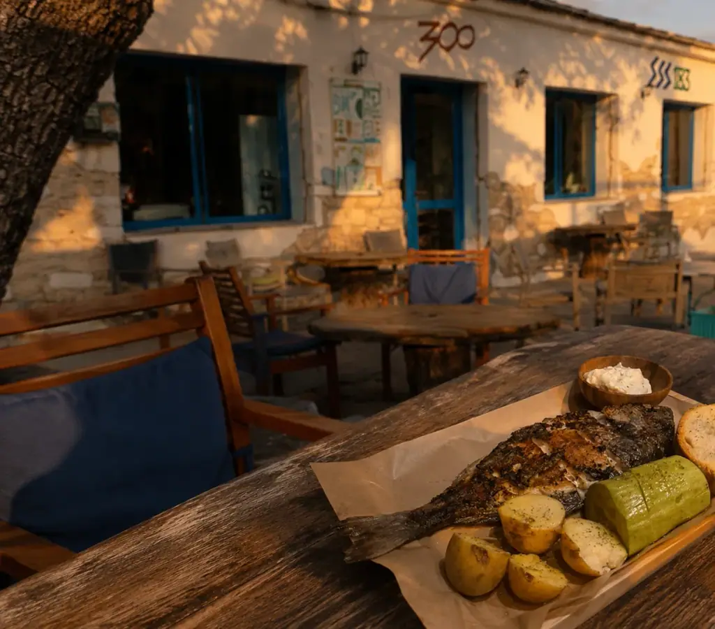 Bar 300's limewashed stone frontage with blue doors and the 300 sign, a grilled sea bream on a terrace table in the low sun