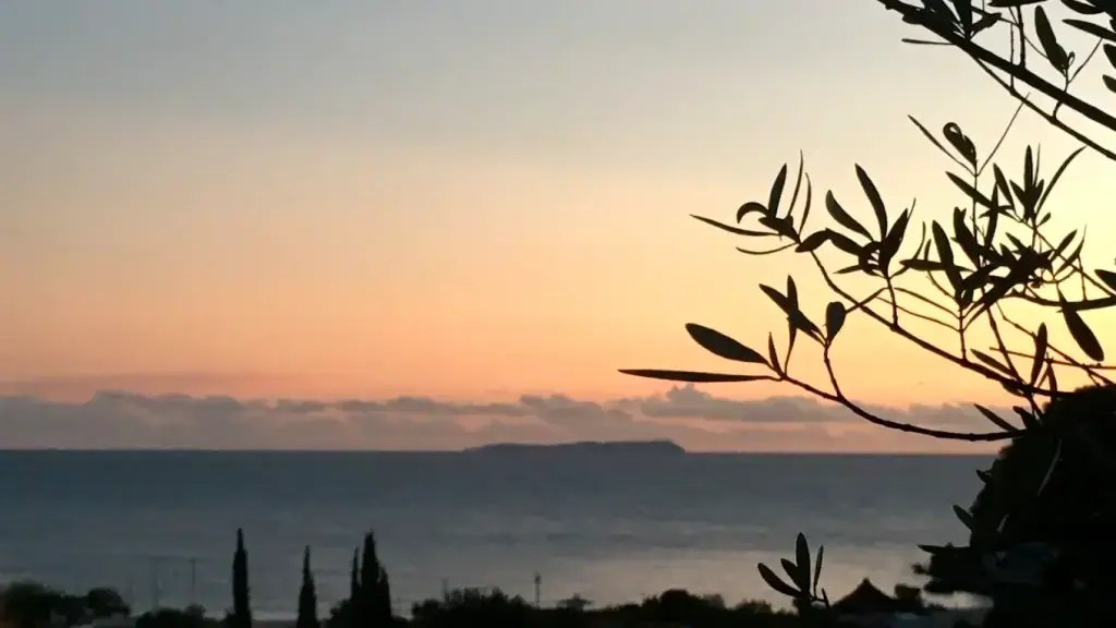 Sundown over the Ionian seen from Camping Himara, an olive branch in silhouette against the orange sky