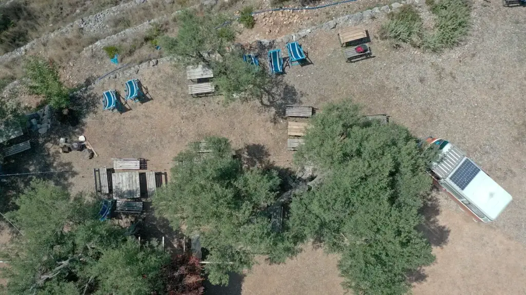 Looking straight down on a pitch at Camping Himara: deck chairs, pallet tables, an old olive and a white campervan on the gravel