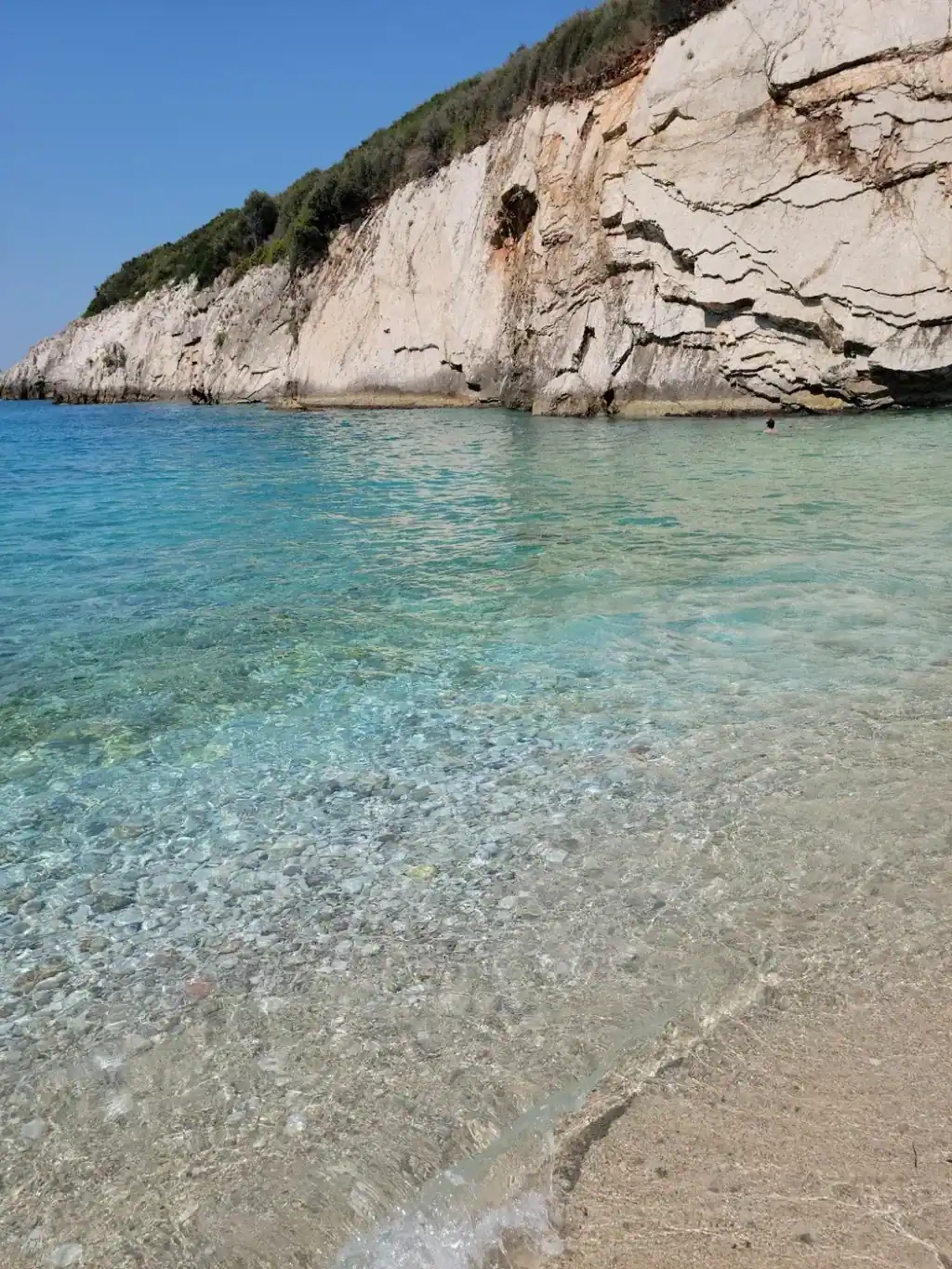 Clear shallow water over pale pebbles at the edge of a cove, with a sheer white limestone cliff rising straight out of the sea behind it