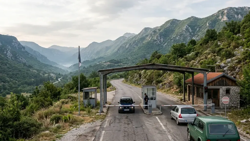 A small mountain border checkpoint with a canopy over the road, a car at the barrier and green hills behind