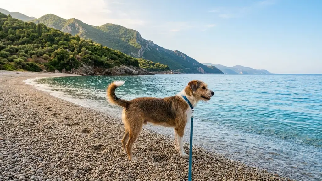 Dog standing on a quiet Albanian Riviera beach looking out at the turquoise sea