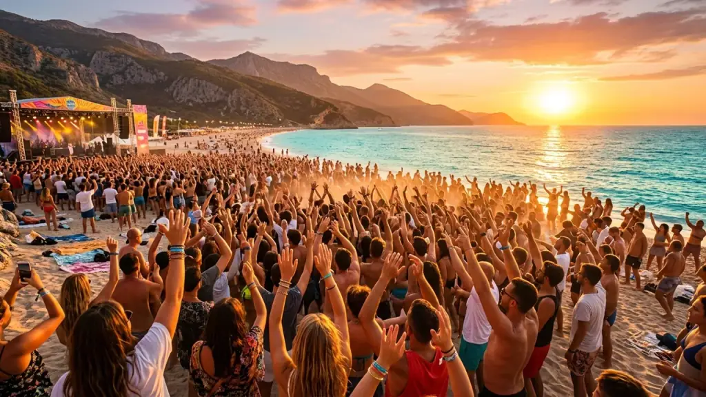 Crowd on a Riviera beach at sunset during a summer festival with the Ionian sea behind