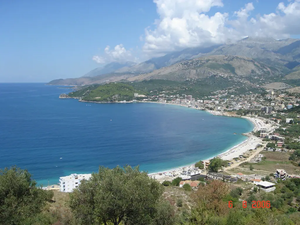 Panoramic view of the Albanian Riviera coastline along a furgon van route near Himara