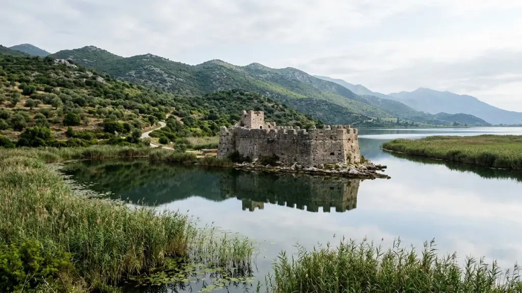 A small triangular stone fortress on a calm water channel near Butrint in southern Albania