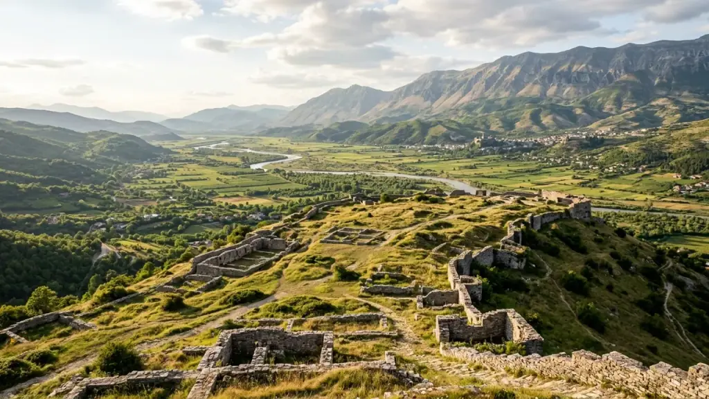 Ancient stone foundations on a hilltop overlooking the green Drino valley near Gjirokastër