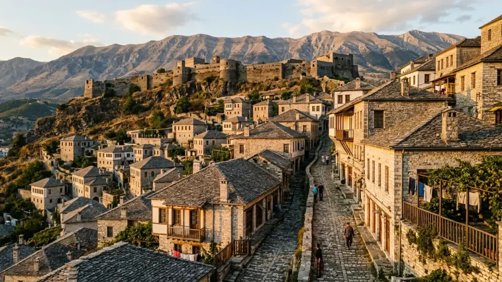 Grey stone-roofed houses climbing a hillside along a cobbled lane, with a long fortress on the ridge above
