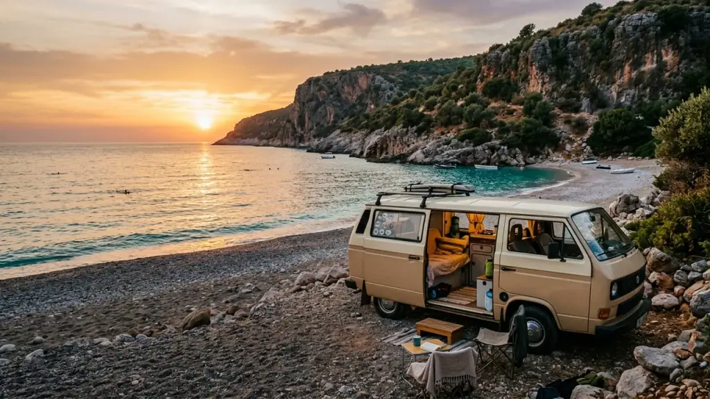 Campervan parked beside a quiet pebble cove on the Albanian Riviera at sunset