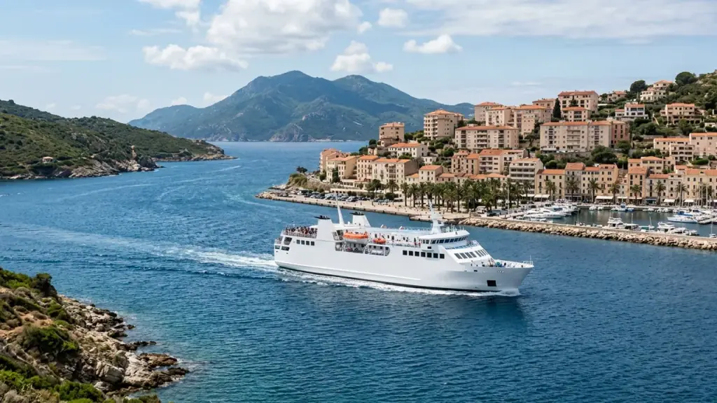 A white passenger ferry crossing a blue strait toward a harbor town of pale apartment blocks on a hillside