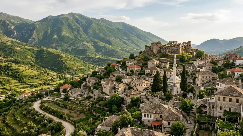 An Ottoman-era hillside town with a ruined castle among green hills in southern Albania