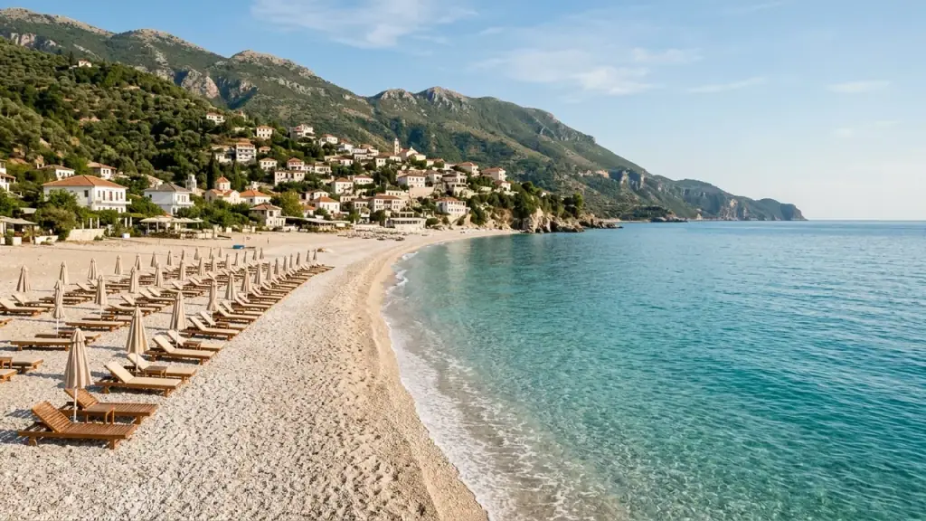 Dhermi beach in September with empty sunbed rows, calm turquoise sea and the village on the hillside