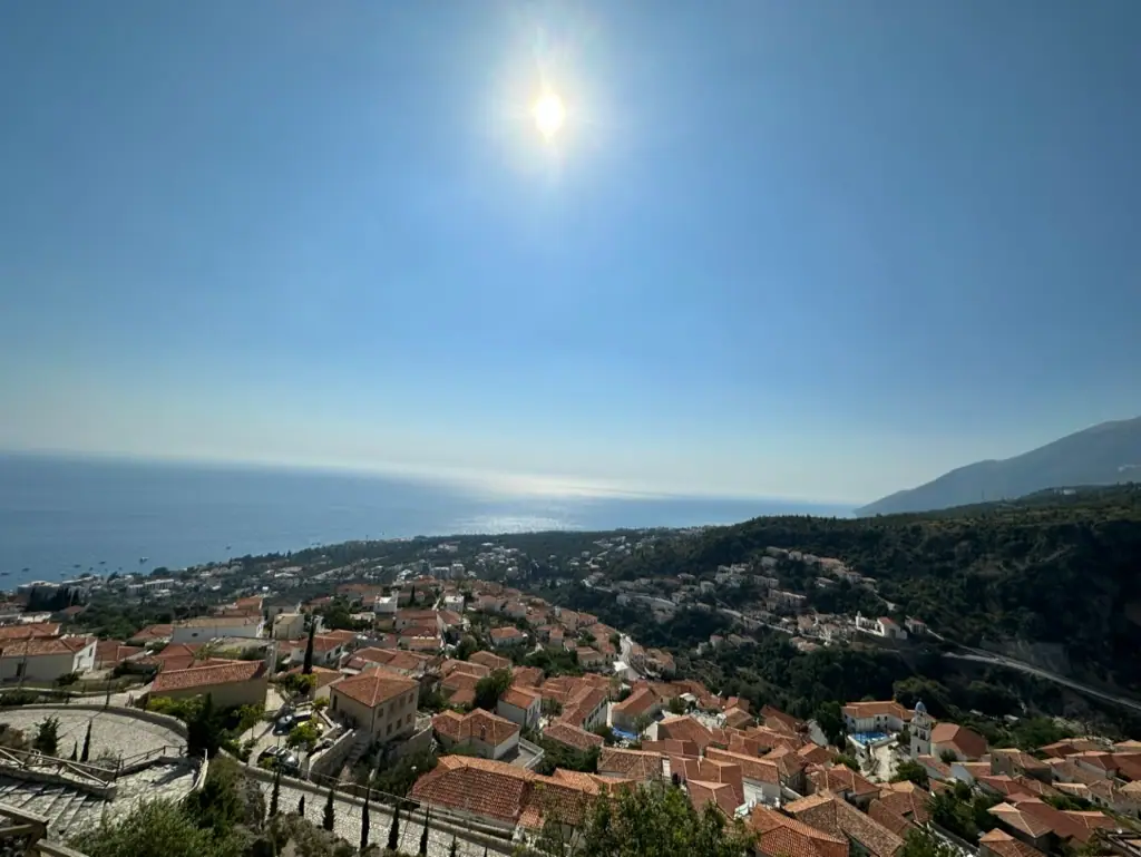 Panoramic mountain village view from above the Albanian Riviera coastline