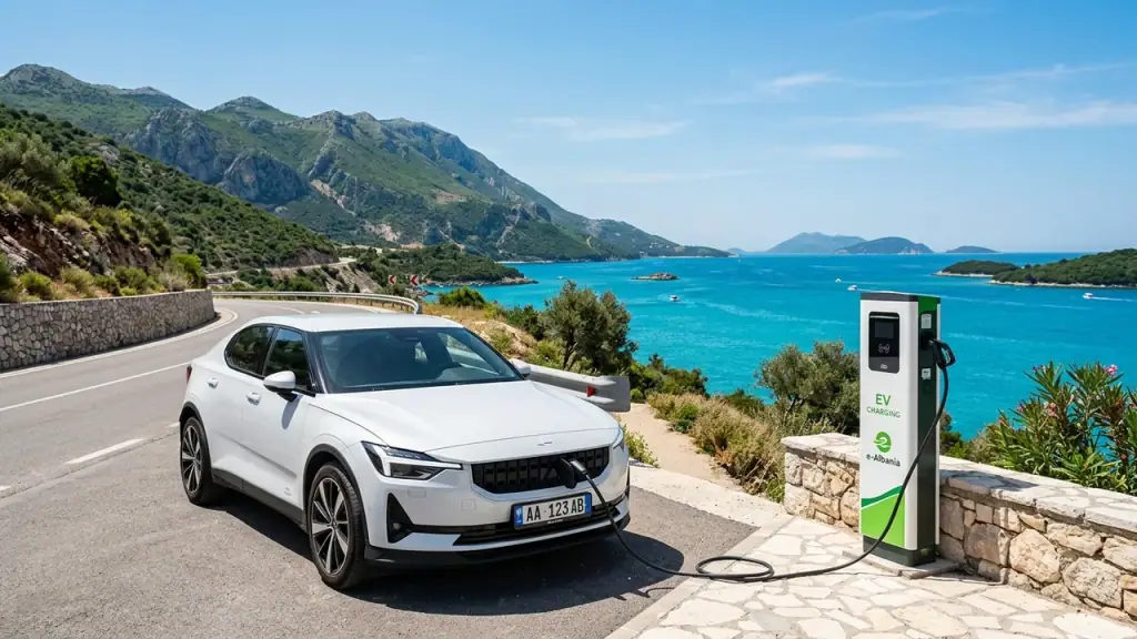Electric car charging at a station on the Albanian coast with the Ionian sea behind