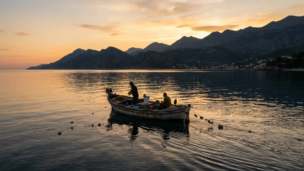 Small fishing boat off the Himara coast at dawn with lines out and mountains behind