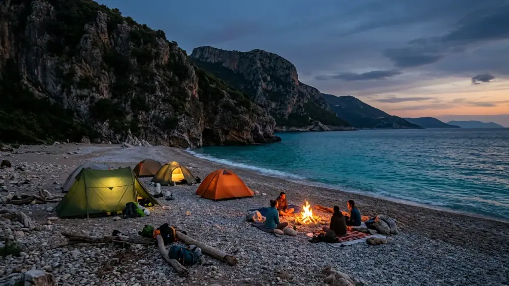 Tents pitched on the pebble beach at Gjipe below the canyon walls at dusk