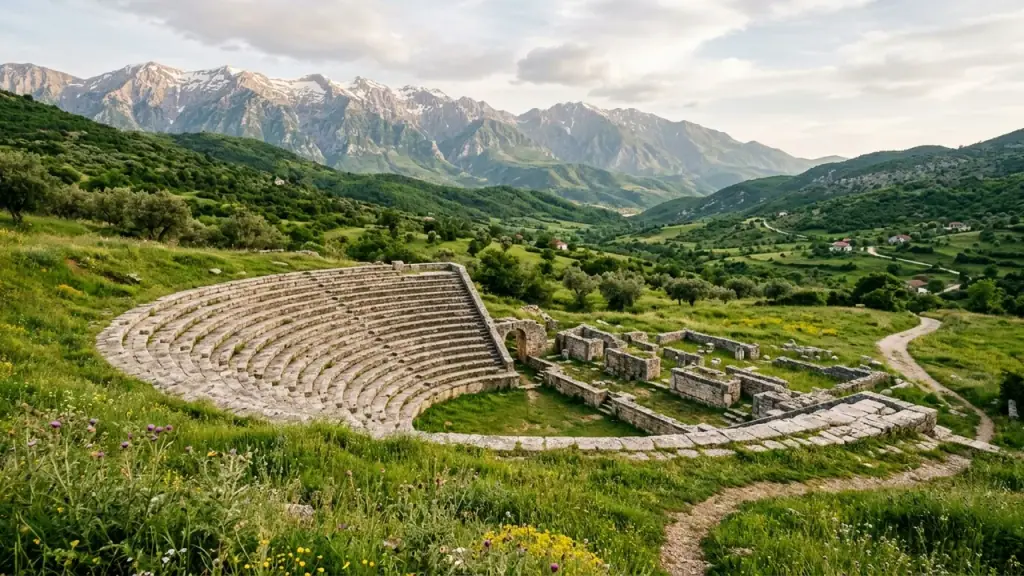 A semicircular ancient Roman stone theatre in a green field with mountains behind, Drino valley